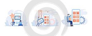 Mobile design and development illustration. Developers prototyping, programming user interface and testing mobile app. UI design