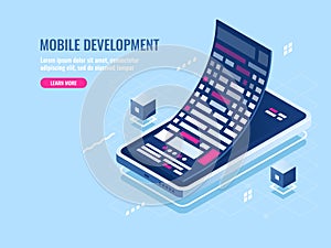 Mobile development concept, message roll, software programming for mobile phone, smartphone application isometric vector