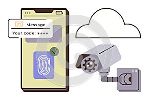 Smartphone with Fingerprint Authentication, CCTV Camera, and Cloud Symbol Representing Digital Security