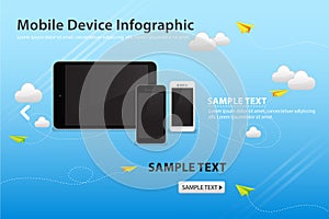 Mobile and Device on Blue Sky Color Background with Paper Plane