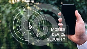 Mobile device security closeup concept image with white glyph icons