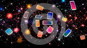 Mobile devices forming a colorful constellation, symbolizing the interlinking of devices through wireless networks