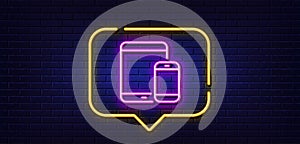 Mobile Devices icon. Smartphone, Tablet PC. Neon light speech bubble. Vector