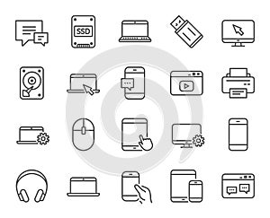 Mobile Devices line icons. Laptop, SSD and HDD.