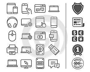 Mobile Devices line icons. Laptop, SSD and HDD.