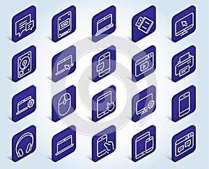 Mobile Devices line icons. Laptop, SSD and HDD.