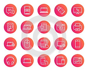 Mobile Devices line icons. Laptop, SSD and HDD.