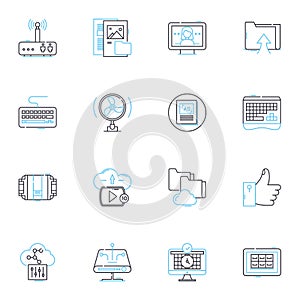 Mobile devices linear icons set. Smartphs, Tablets, Wearables, Phablets, Mobiles, Gadgets, iOS line vector and concept