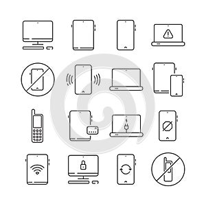 Mobile devices. Mobility equipment electronic gadgets vector collection set thin line icon