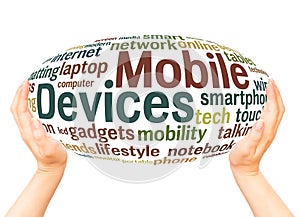 Mobile devices word cloud hand sphere concept