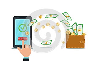 Mobile digital wallet app or online fund transfer, money withdraw concept. Flat smartphone with check mark on screen isolated