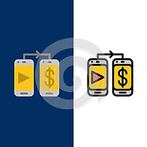Mobile, Dollar, Money  Icons. Flat and Line Filled Icon Set Vector Blue Background