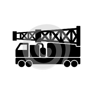 Mobile drilling rig isolated. Black flat vector icon for oil and