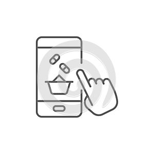 Mobile drugstore line icon. linear style sign for mobile concept and web design. Online medicine shopping outline vector icon.