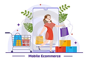 Mobile E-Commerce Vector Illustration of Smart Phone for Activities of Online Shopping and Digital Marketing Promotion