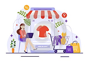 Mobile E-Commerce Vector Illustration of Smart Phone for Activities of Online Shopping and Digital Marketing Promotion