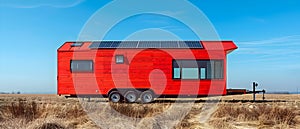 Mobile Eco-Home with Solar Power on Sunny Day. Concept Eco-friendly Lifestyle, Solar-Powered