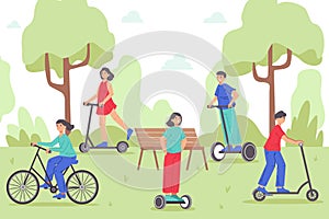 Mobile eco transport, people riding electric bike or bicycle in park. Man and woman moving by eco-friendly vehicles