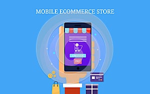 Mobile ecommerce store, mobile app for ecommerce website, digital marketing concept. Flat design vector banner.