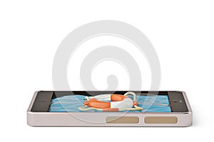 Mobile emergency service concept touchscreen smartphone with lifesaver belt isolated on white.3D illustration.