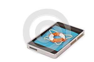 Mobile emergency service concept touchscreen smartphone with lifesaver belt isolated on white.3D illustration.