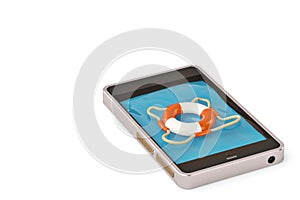 Mobile emergency service concept touchscreen smartphone with lifesaver belt isolated on white.3D illustration.