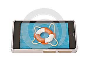 Mobile emergency service concept touchscreen smartphone with lifesaver belt isolated on white.3D illustration.