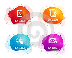 Mobile finance, Reject certificate and Seo target icons. Secure mail sign. Vector