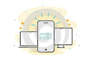 Mobile first. Smartphone, desktop computer and laptop icons. Responsive web design concept. Vector illustration, flat design