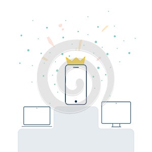 Mobile first. Smartphone icon with king crown, desktop computer and laptop on podium. Responsive web design concept. Vector