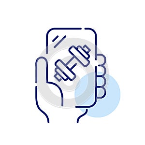 Mobile fitness. Hand with phone and dumbbell denotes workout tracking and exercise guidance. Pixel perfect vector icon