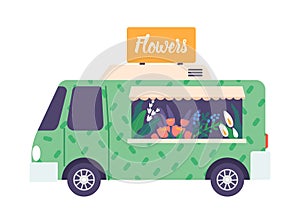 Mobile Flower Shop Bus Complete With Colorful Floral Display And Decorative Accents. Mobile Or Pop-up Store