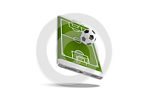 Mobile football soccer. Mobile sport play match. Online soccer game with live mobile app. Football field on the