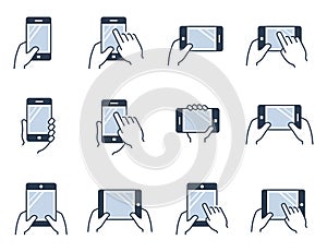 Mobile gadgets, tablets and smartphones in hands icon s