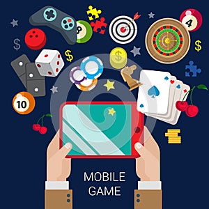 Mobile gamble online casino game play flat web gambling concept