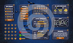 Mobile game graphical user Interface GUI. Design, buttons and icons. Vector illustration.