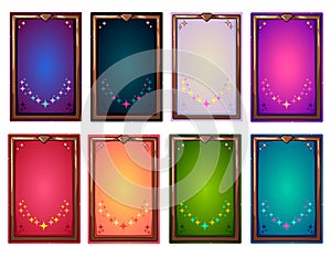 Mobile game interface card. Cartoon vector backgrounds. Isolated on white background. Colorful cards with bronze frame set