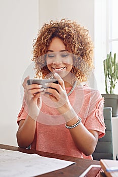 Mobile games, office or happy woman playing online gaming, subscription or connection. Relax, video gamer or African