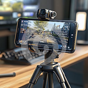 A mobile gaming setup with a phone mounted on a controller, ready for action. photo