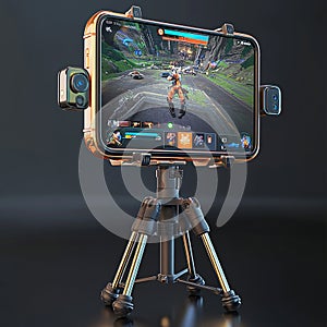 A mobile gaming setup with a phone mounted on a controller, ready for action. photo