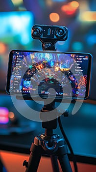 A mobile gaming setup with a phone mounted on a controller, ready for action. photo