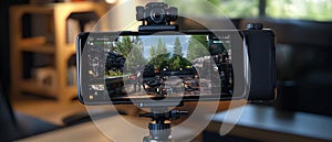 A mobile gaming setup with a phone mounted on a controller, ready for action. photo