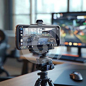A mobile gaming setup with a phone mounted on a controller, ready for action. photo