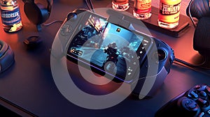 A mobile gaming setup with a phone mounted on a controller, ready for action. photo