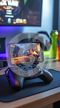 A mobile gaming setup with a phone mounted on a controller, ready for action. photo