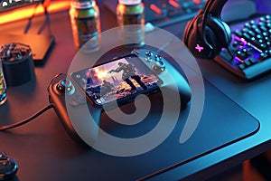 A mobile gaming setup with a phone mounted on a controller, ready for action. photo