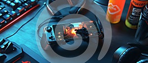 A mobile gaming setup with a phone mounted on a controller, ready for action. photo