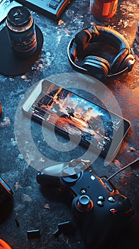 A mobile gaming setup with a phone mounted on a controller, ready for action. photo