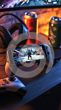 A mobile gaming setup with a phone mounted on a controller, ready for action. photo
