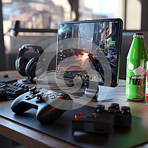 Mobile Gaming Setup with Phone Mounted on Controller and Backlit Accessories in a Dark Room Scene